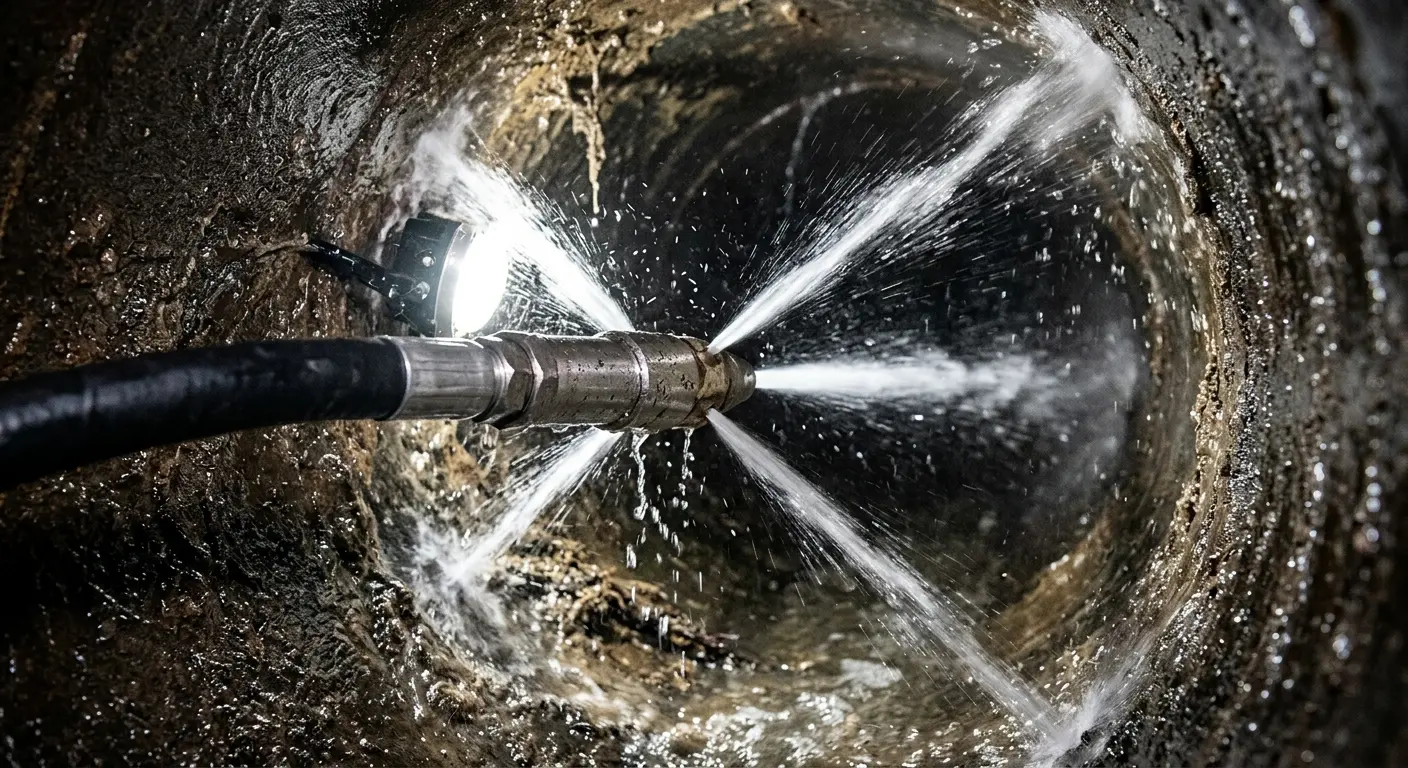 High-pressure hydro jetting nozzle cleaning sewer pipe for Sewer Cleanout in Scottdale