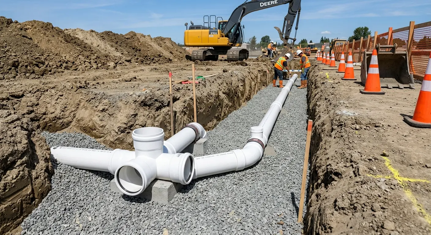 New PVC sewer pipe installation in open trench for Sewer Backup in Scottdale