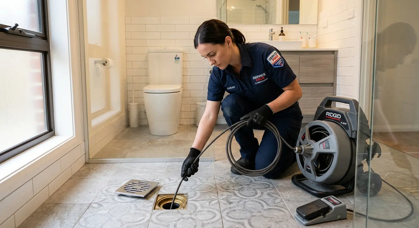 Technician clearing a bathroom floor drain for Drain Repair in Scottdale